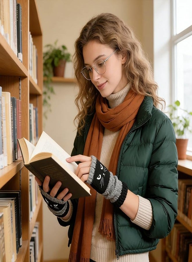قفازات Easybos Cozy Cat بدون أصابع للنساء - قفازات محبوكة دافئة بتصميم كلاسيكي وتطريز قطة لطيف، قفازات أنيقة للارتداء اليومي (أسود) - Image 4